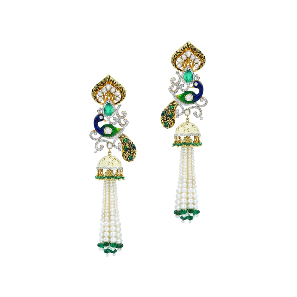 Pearl and Emerald Necklace Set with Polki and Peacock Motifs